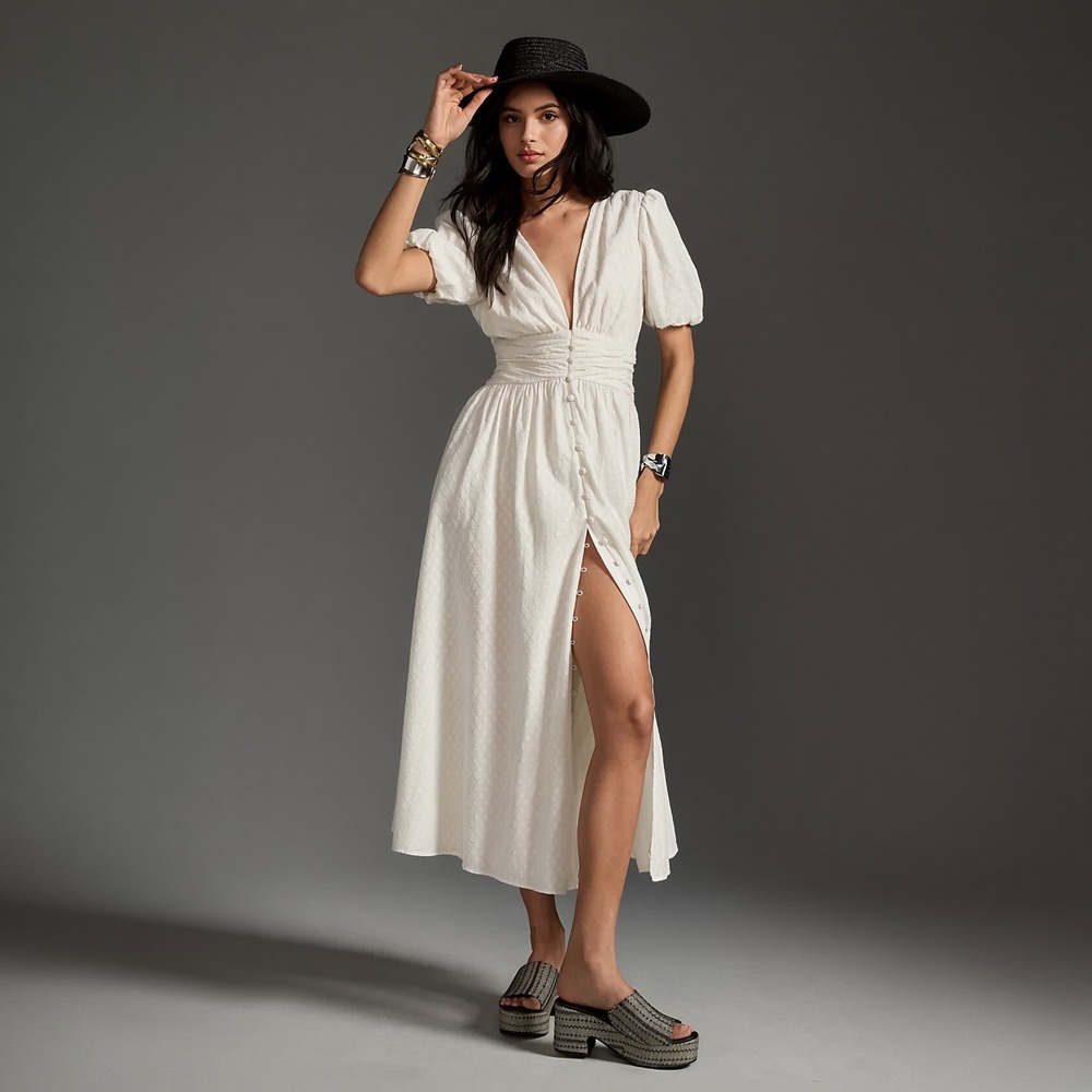 Anthropologie Katerina White Eyelet Button Down Midi Dress 14 Smocked Pockets